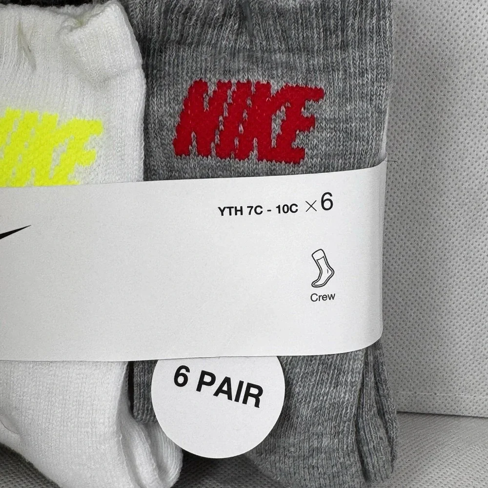 Nike Kids Crew Socks 6 Pack White Grey Cushioned Size 7C-10C BN0509-001 NEW